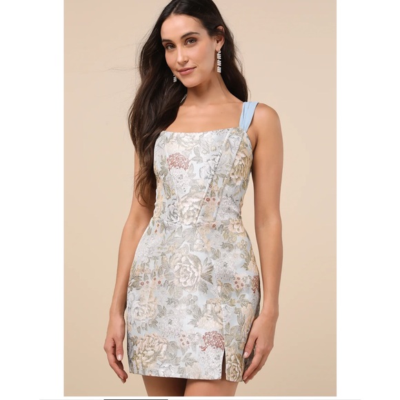 Lulus Dresses & Skirts - Lulus Captivating Personality Light Blue Floral Jacquard Bustier Mini Dress NWT